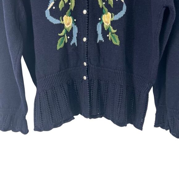 Vintage Susan Bristol Navy Blue Rose Crochet Hem Cardigan Hand Embroidered XL‎ - Picture 2 of 10